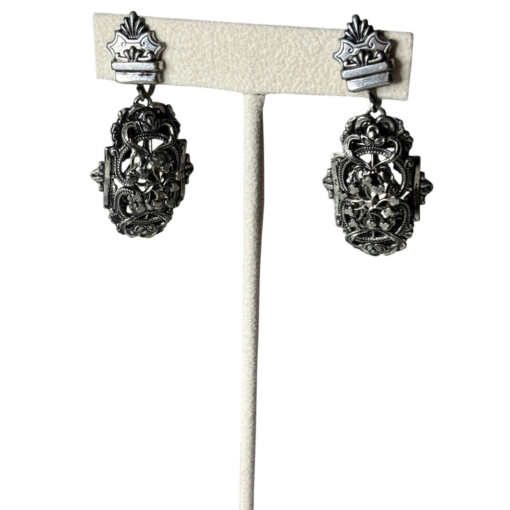 Vintage Silver Tone Filigree Floral Screw Back Drop Earrings Victorian Style